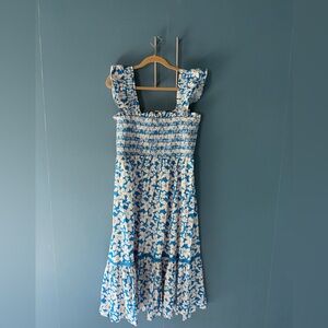 Shoshanna Helmi Flutter Sleeve Smocked Midi Dress Blue White Floral Size 12